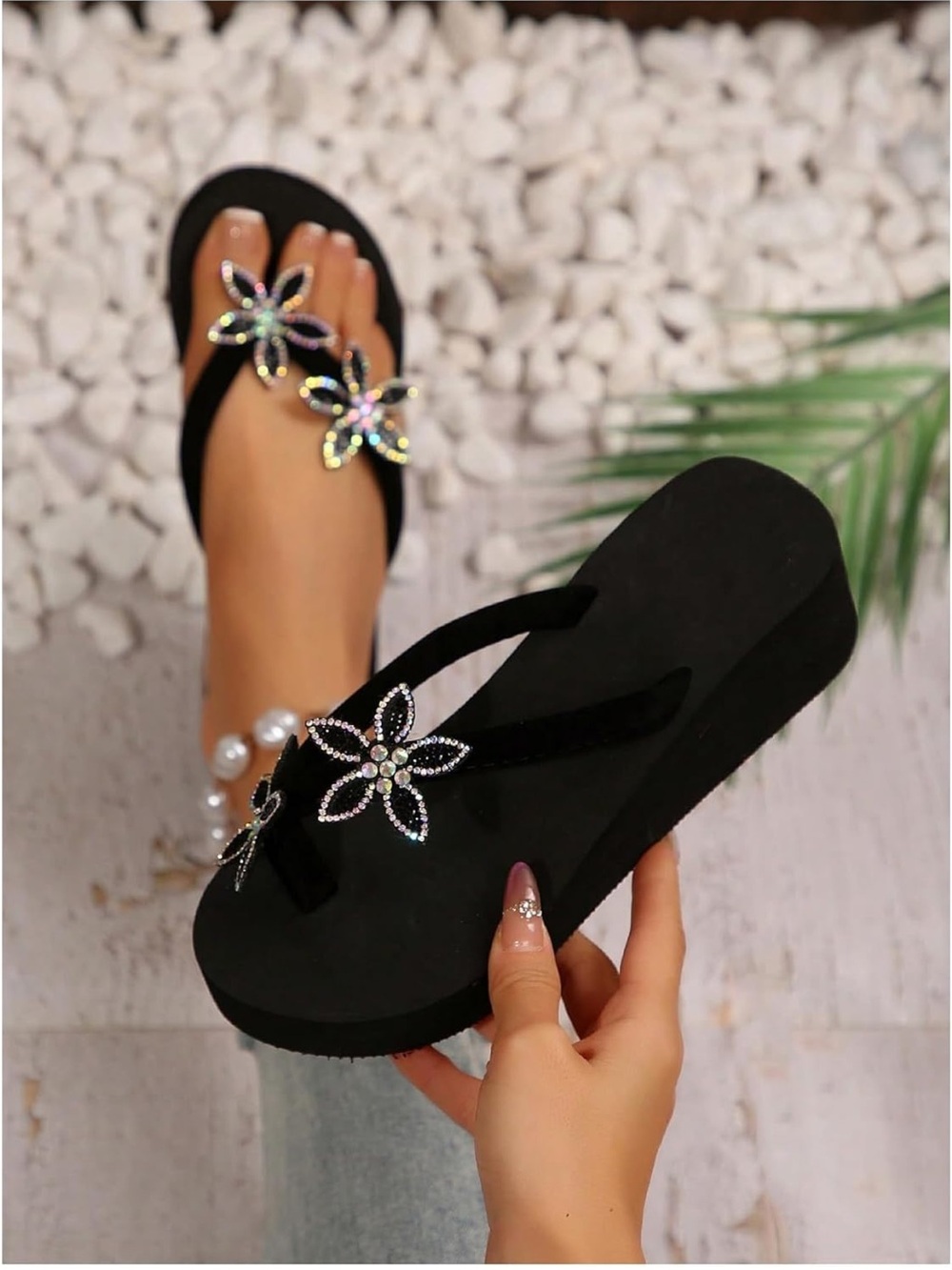 Women's Sparkly Rhinestone Wedge Flip Flops Thong Platform Sandals